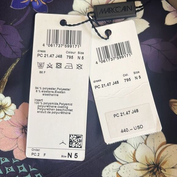 Marc Cain Purple Floral Bird Faux Leather Trim Dress Pockets US 12 N5 NWT $440 - Picture 10 of 12